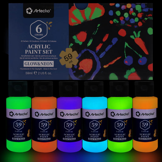 Artecho Acrylic Paint, Paint Set, 6 Neon & Glow in the Dark 2-in-1, 2 Oz Acrylic Paint Supplies for Wood, Fabric, Crafts, Canvas, Leather&Stone
