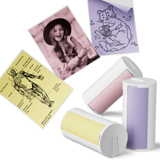 Genuine Self-Adhesive Thermal Printer Stickers, Compatible with PM290C Mini Sticker Printer, Black on White, 54mmx3.2m Sticker Paper for Journal, Study, Photos, Note, 3 Rolls, Yellow Pink Purple