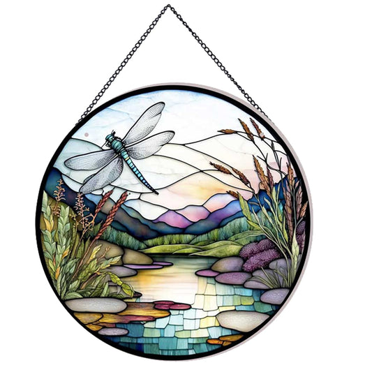 Payutou River and Dragonfly Pattern Suncatcher Stained Glass,Hanging for Windows,20cm/7.87inch Hand-Painted Sun Catcher Garden Hangings Painted Glass Panel Decor Themed Gift