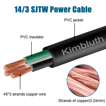 Kimbluth 14 Gauge 3 Conductor Wire SJTW Outdoor Extension Power Cable 10FT, 14/3 Wire Heavy Duty Pure Copper Electrical Wire for Lawn, Battery, Automotive, Outdoors