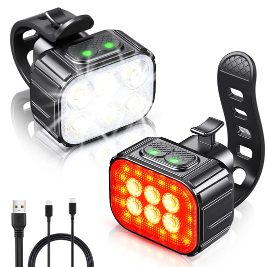 Oldowl Bike Lights, Oldowl USB-C Rechargeable Bike Light Set, Super Bright 6 LED Bike Headlight with Spot & Flood Beam, IP65 Waterproof, 4X4 + 6X6 Lighting Modes, Cycling Bike Lights Front and Back