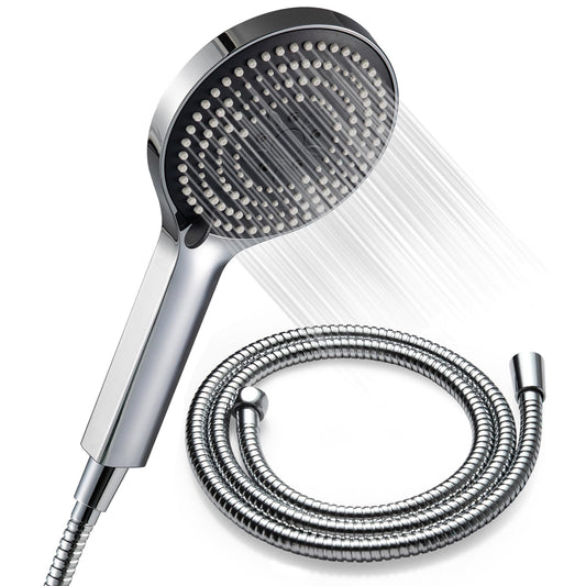 OFFO Shower Head Set, 6-Mode High Pressure Handheld Sprayer with 1.5m Stainless Steel Shower Hose, High Flow Large Powerful Boosting Handheld Showerhead for Low Water Pressure, Chrome Finish