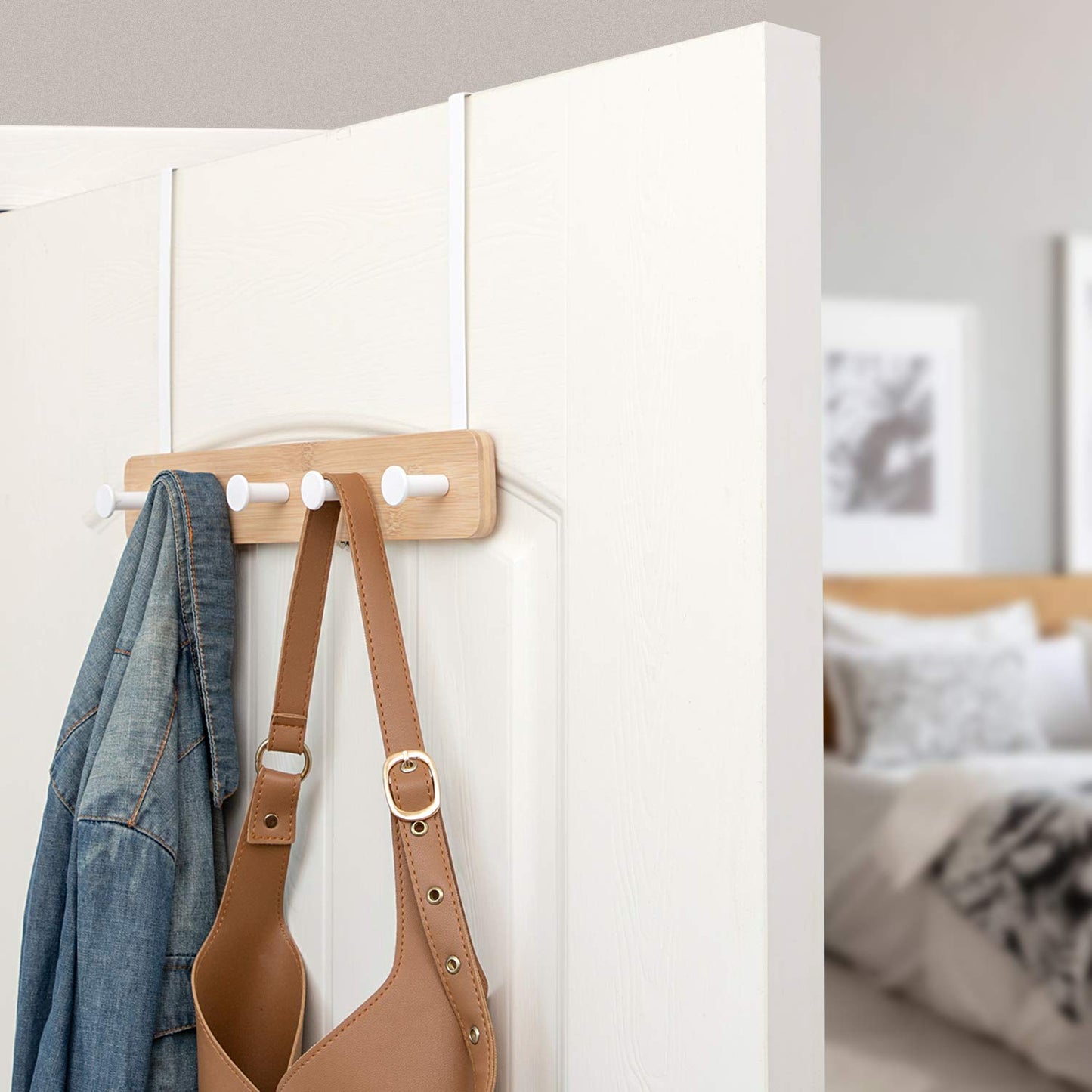 Over The Door Hook Hanger, Bamboo Coat Rack with 5 Metal Hooks, Wood Clothes Organizer for Coat, Towels, Bags, Robes (White)