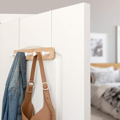 Over The Door Hook Hanger, Bamboo Coat Rack with 5 Metal Hooks, Wood Clothes Organizer for Coat, Towels, Bags, Robes (White)