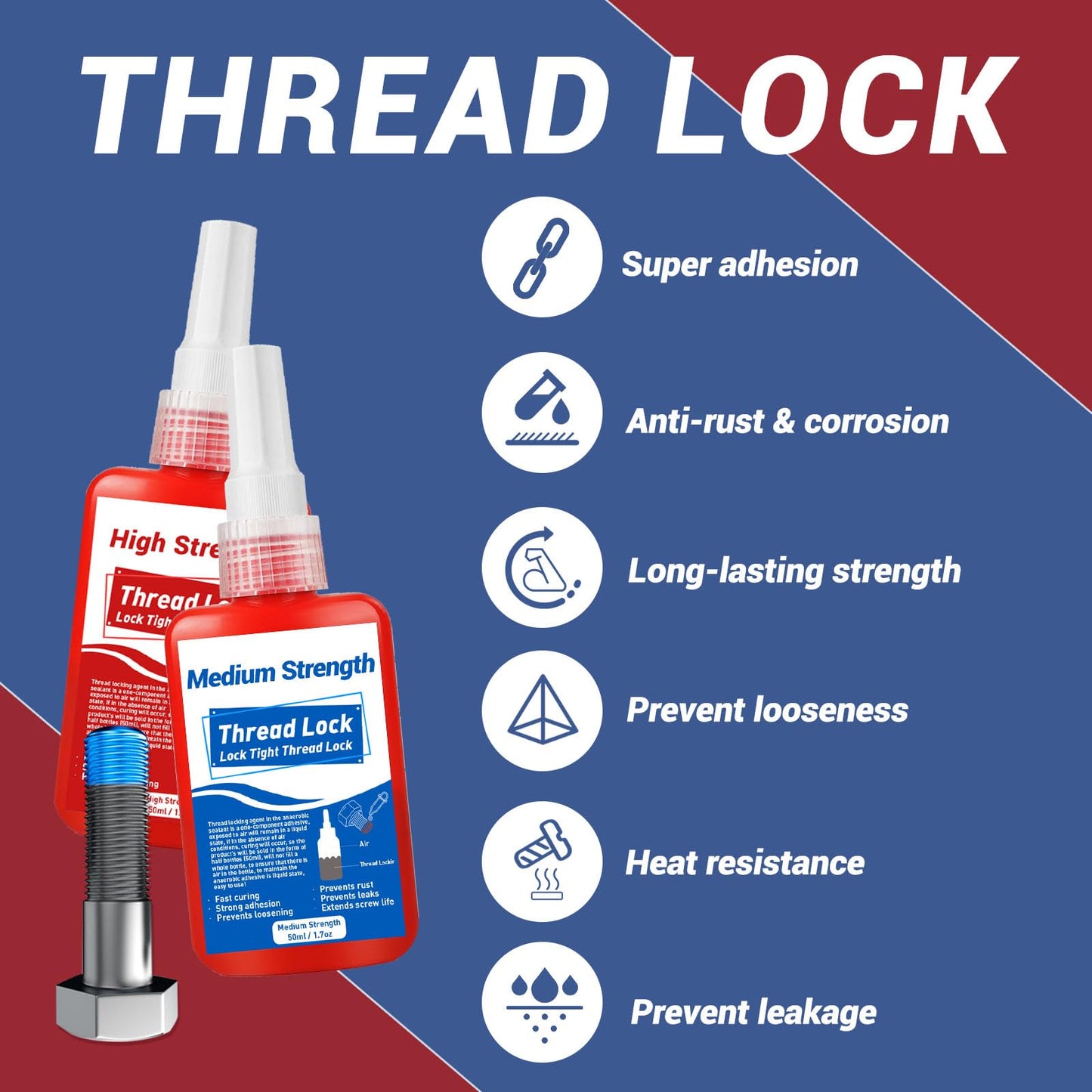 1DFAUL Thread Lock, 50ml x2 Locktight Threadlock Medium and High Strength Lock, Threadlocker Lock & Seal Nuts, Bolts, Stable and Anti-Rust