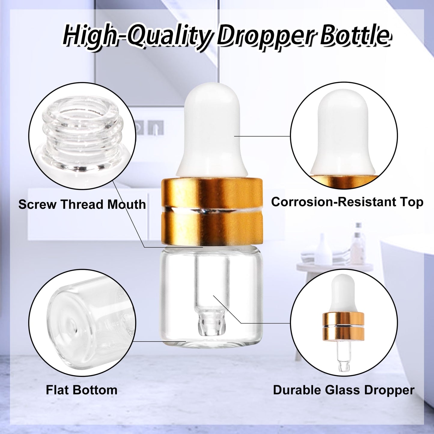 Comrzor 100 Pack 1ml Clear Glass Dropper Bottles with 4 Pcs Plastic Droppers, Mini Sample Dropper Bottles for Essential Oils Perfume Cosmetic Liquid, Empty Travel Sample Vials with Gold Cap