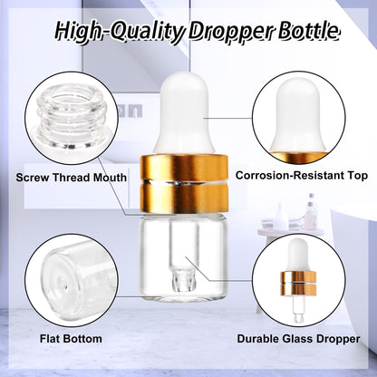 Comrzor 100 Pack 1ml Clear Glass Dropper Bottles with 4 Pcs Plastic Droppers, Mini Sample Dropper Bottles for Essential Oils Perfume Cosmetic Liquid, Empty Travel Sample Vials with Gold Cap