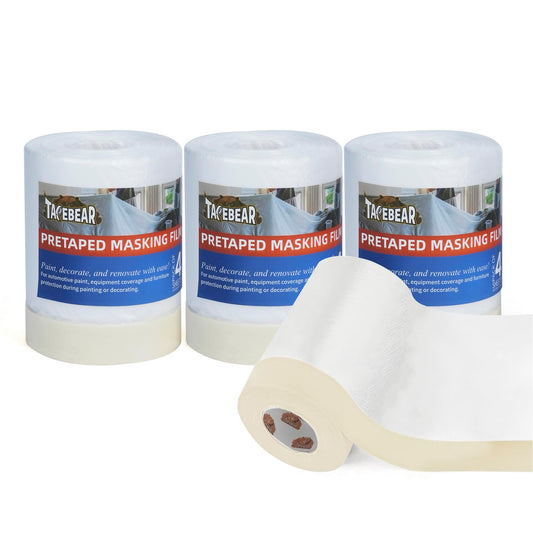 TAPEBEAR Automotive Pre-Taped Masking Film Upgrade Thickness, High Temp Tape and Drape 22" x 90', Plastic Cover for Painting, Plastic Sheeting Masking Tape Film for Auto, Floor, Furniture, 4Rolls