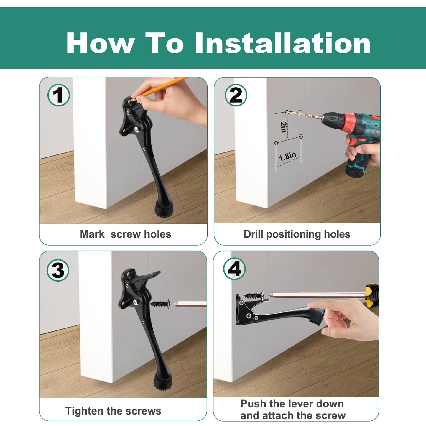 Door Stops, 6 Inch Kickdown Door Stopper with Non-Slip Rubber Tip, One Touch Heavy Duty Bottom Holder, Adjustable Metal Door Stop, 2 Pack, Black