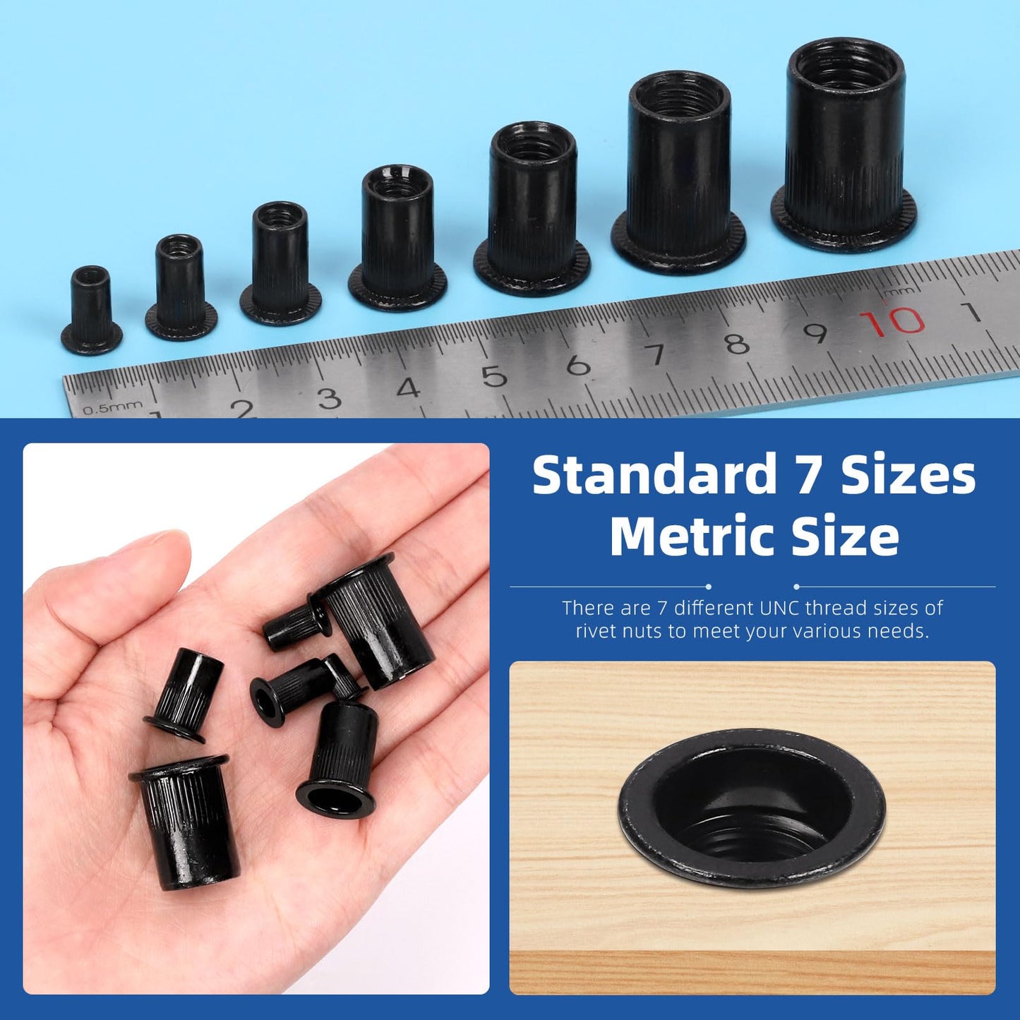 Glarks 320Pcs Metric Rivet Nuts Kit M3 M4 M5 M6 M8 M10 M12 Rivet Nuts Black Zinc Plated Carbon Steel Flat Head Rivnut Threaded Insert Rivet Nuts Assortment Set