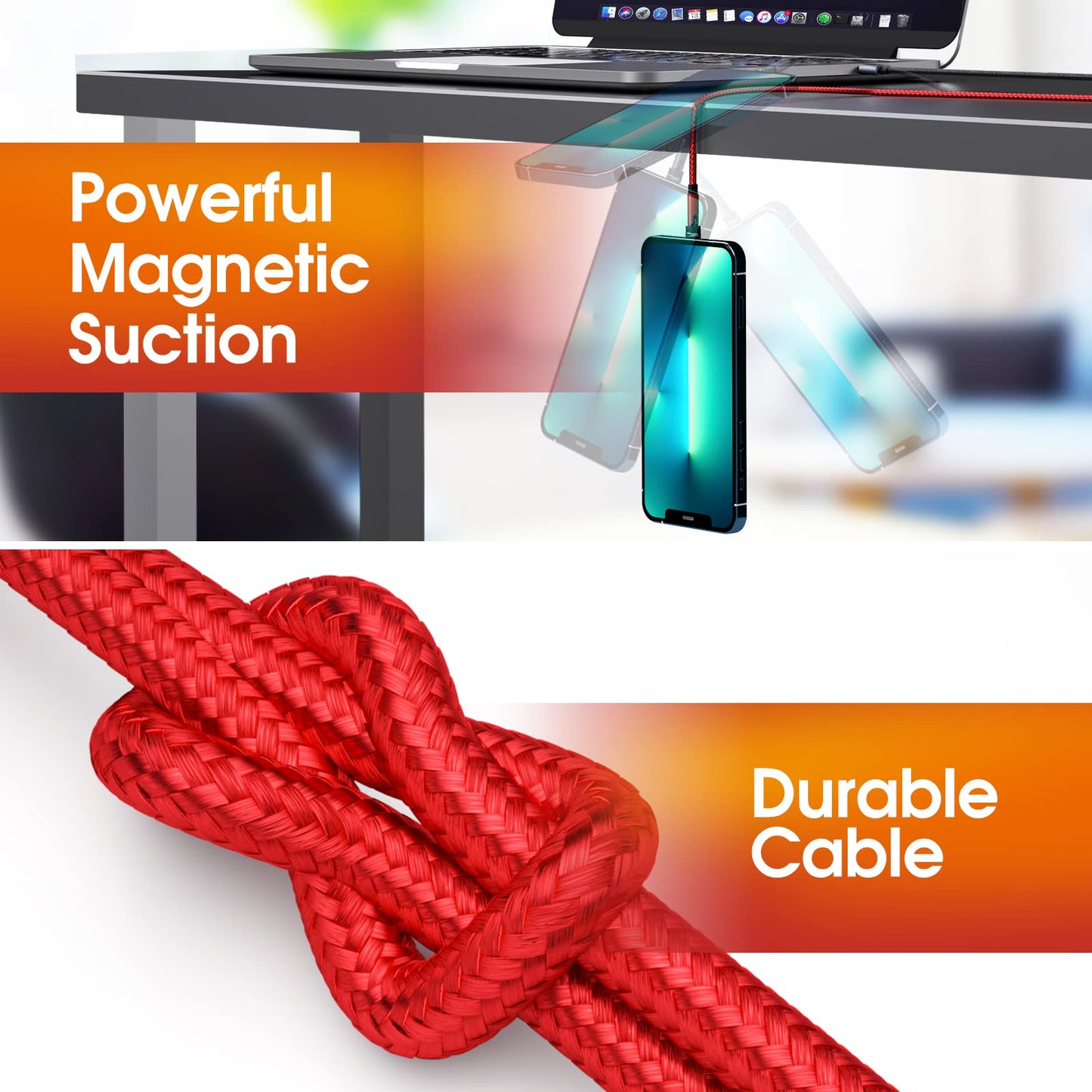 Magnetic Charging Cable 7-Pack [1.6FT/3FT/3FT/3FT/6FT/6FT/10FT] 540 Rotating Phone Charger 3 in 1 USB Cable Nylon Braided for Micro USB/Type C/iProduct Device - Red