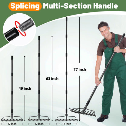 Garden Rake, 49" Long Long Handle, 17" Wide Heavy Duty Garden Leaf Rake for Thatching Raking Leaf Loosening Soil Gathering Mulch Leveling Rocks, Metal Bow Rakes for Leaves Grass