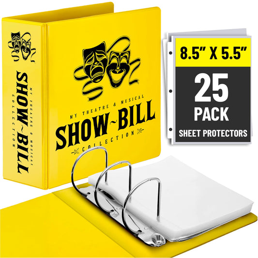 Showbill Binder with Display Sleeves, Holds 8.5” x 5.5” Broadway Programs, Includes 25 Clear Sheet Protectors, D-Ring Organizer for Theatre Memorabilia & Collectibles, Yellow