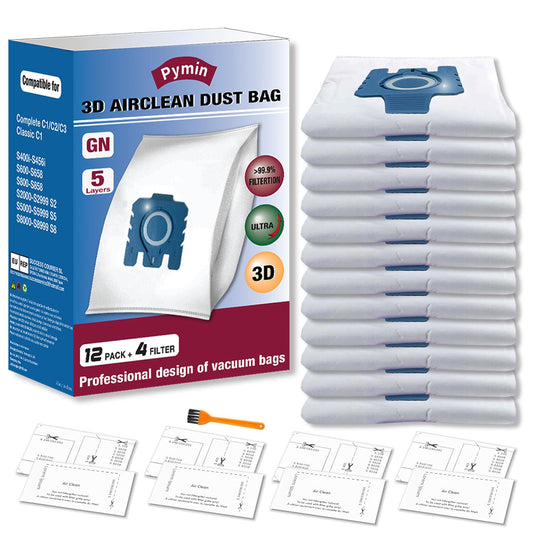 Pymin 12 Pack GN Vacuum Dust Bags Compatiable with Miele Hoover Bags,3D Efficiency GN Vacuum Bags for Classic C1,Complete C2 C3, S227 S240, S270, S400, S600, S800,S2, S5, S8 Series(12 Bags+4 Filters)