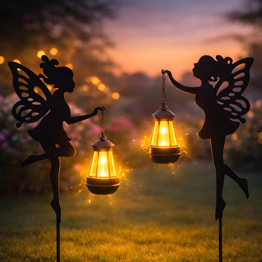 Fairy Garden Accessories Outdoor 1 Pair - Solar Fairy Lights Halloween Decorations Outdoor Garden Statue, Metal Stakes Decorative Figurines for Yard Decor, Patio (Type A Warm Lighting)