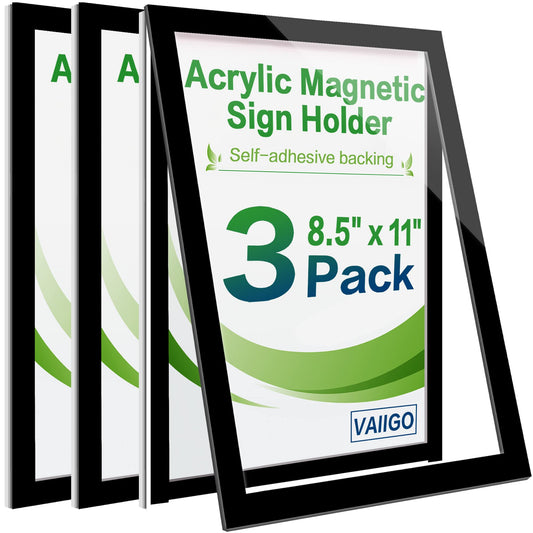 VAIIGO Acrylic Sign Holder 8.5" x 11", 3 Pack Self Adhesive Magnetic Wall Mount Sign Holder with Nano Tape and Magnetic Border, Horizontal or Vertical Sign Holder for Wall, Glass, Home, Store, Office