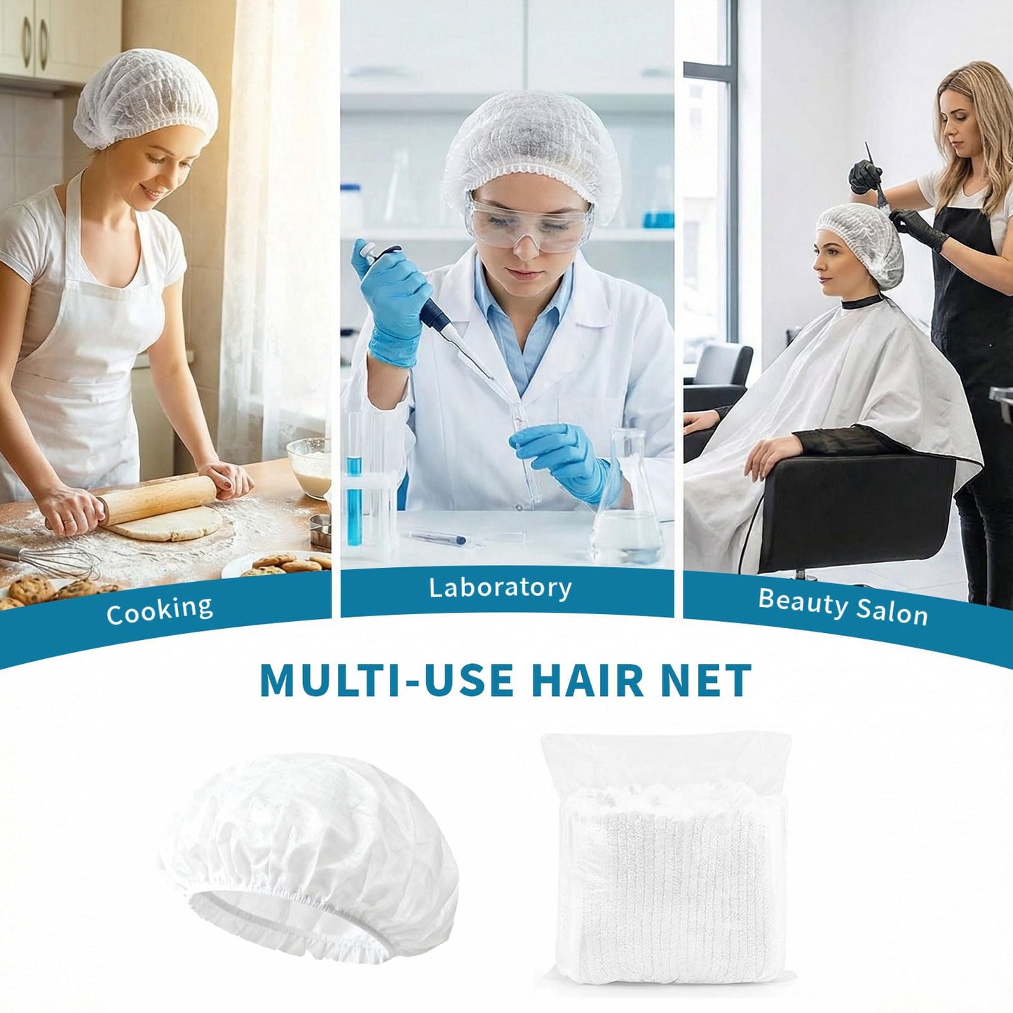 200 Pcs Disposable Hair Nets Food Service Hairnets Kitchen Hair Bun Bouffant Caps Filet Cheveux Non-Woven Elastic White Polypropylene Protective Shower Caps Massage Labs Salon 21"