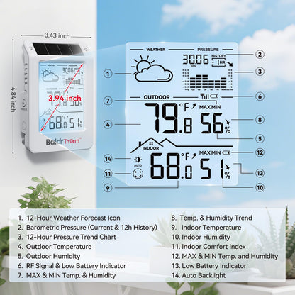 BaldrTherm Wireless Weather Station, Dual-Zone Indoor & Outdoor/Childroom Temp Humidity Monitor, Auto Smart Backlight,Temp/Humidity/Barometric Trend Visualization, White&White