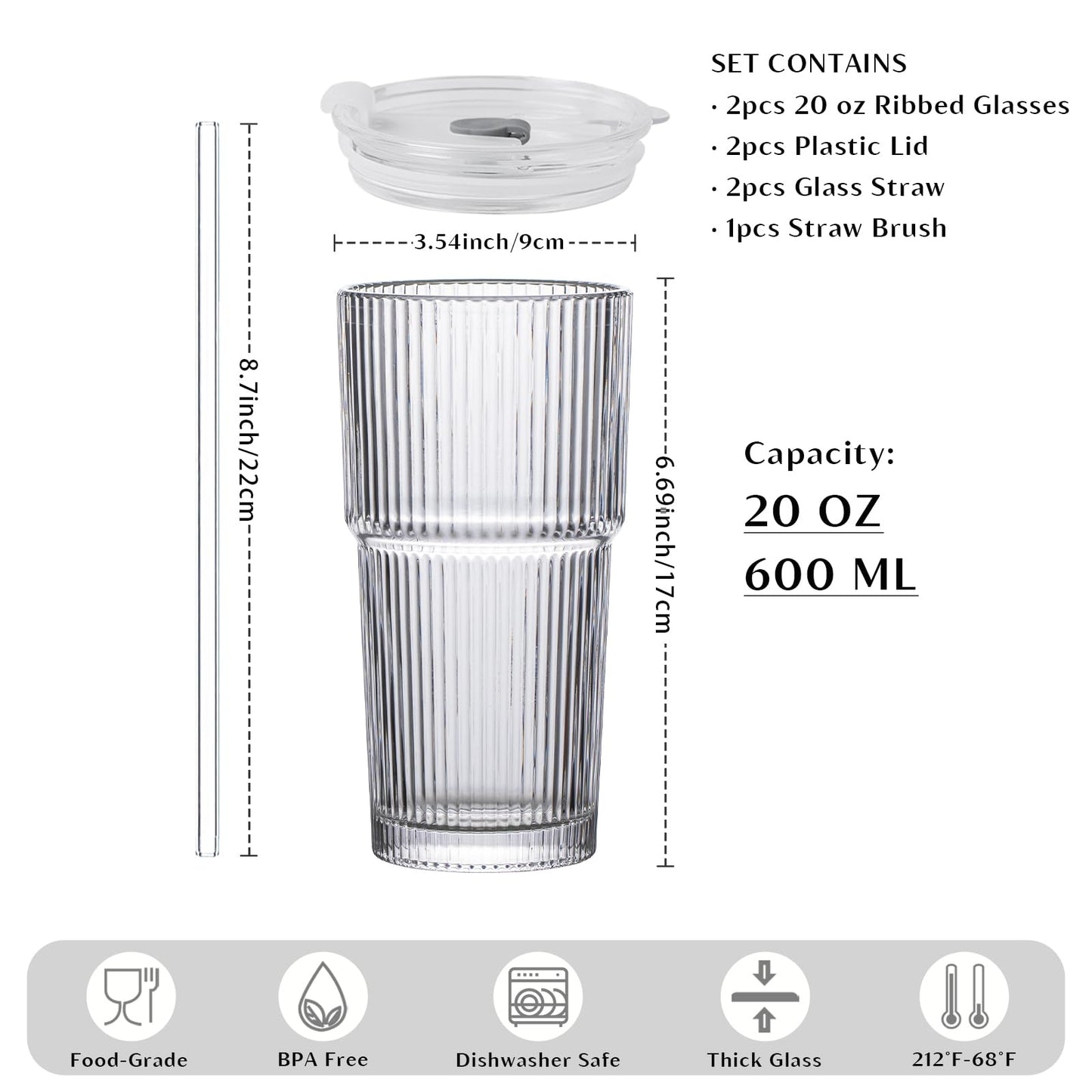 20 oz Ribbed Glass Tumblers with Lids and Glass Straws – 2-Piece Glassware Set, Heavy-Duty Tumblers, Ideal for Iced Coffee, Smoothies, Cocktails, and Juices – Elegant and Durable Drinkware