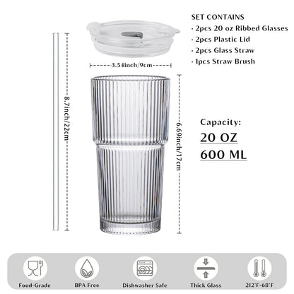 20 oz Ribbed Glass Tumblers with Lids and Glass Straws – 2-Piece Glassware Set, Heavy-Duty Tumblers, Ideal for Iced Coffee, Smoothies, Cocktails, and Juices – Elegant and Durable Drinkware