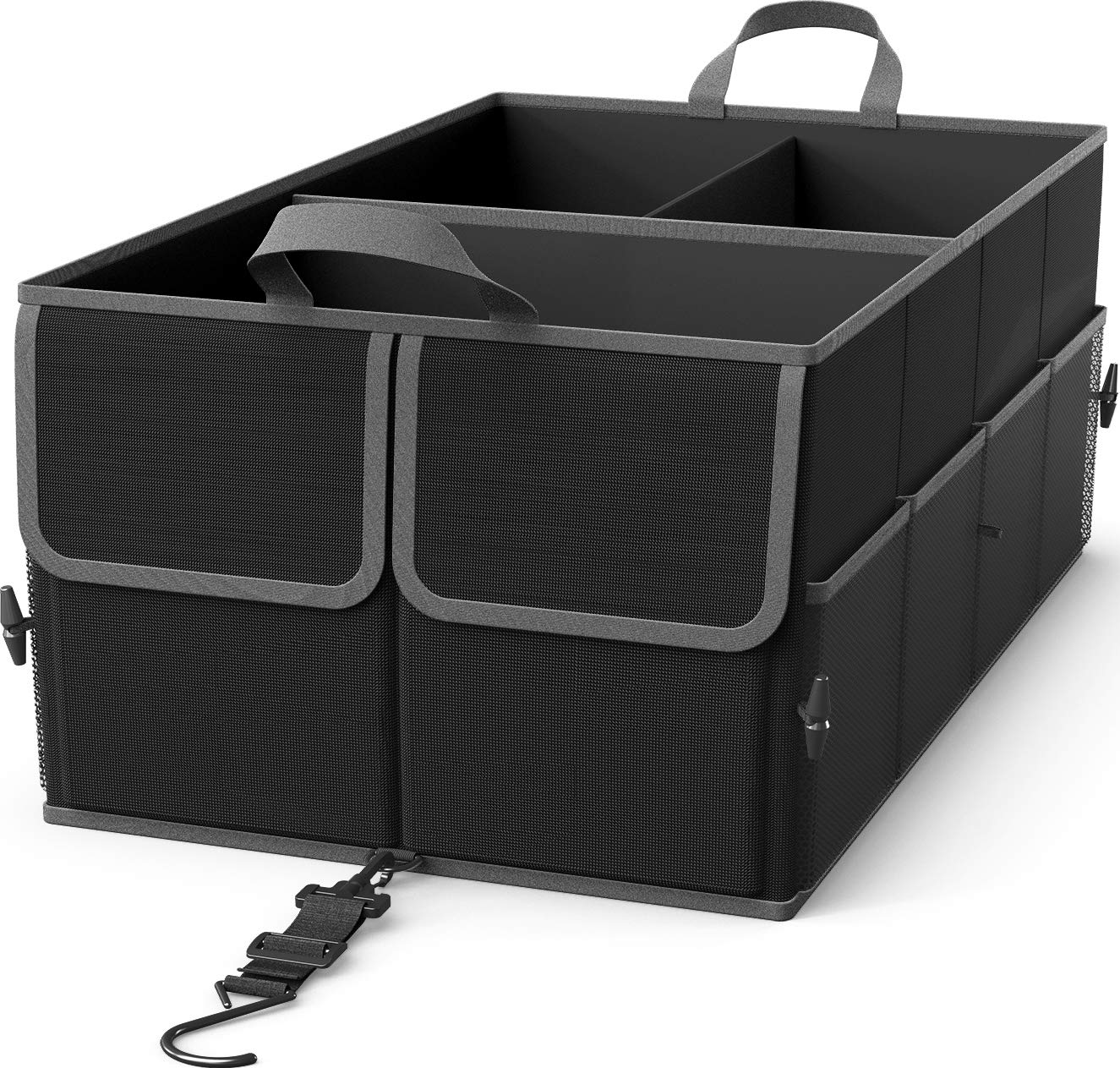 EPAuto Car Trunk Organizer 56L Foldable 3 Compartment with Securing Straps, Buckles and 10 Pockets, Black