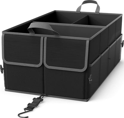 EPAuto Car Trunk Organizer 56L Foldable 3 Compartment with Securing Straps, Buckles and 10 Pockets, Black