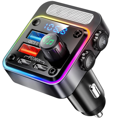 Nulaxy 54W [PD 36W & QC3.0 18W] Bluetooth 5.3 Car Adapter with 4 Charging Ports, Wireless Radio FM Transmitter Audio Receiver with Deep Bass MP3 Music Player, 5 Colors LED Backlit, Hands-Free Calling