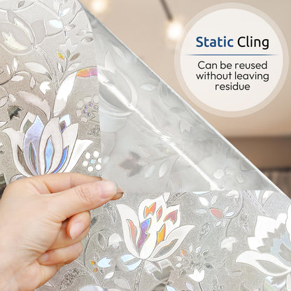 rabbitgoo Privacy Window Film, Decorative Stained Glass Film, Sun Blocking Window Cling, Removable Static Cling Vinyl Glass Sticker for Home, Bathroom Door, Tulip Flower, Clear, 60x200cm