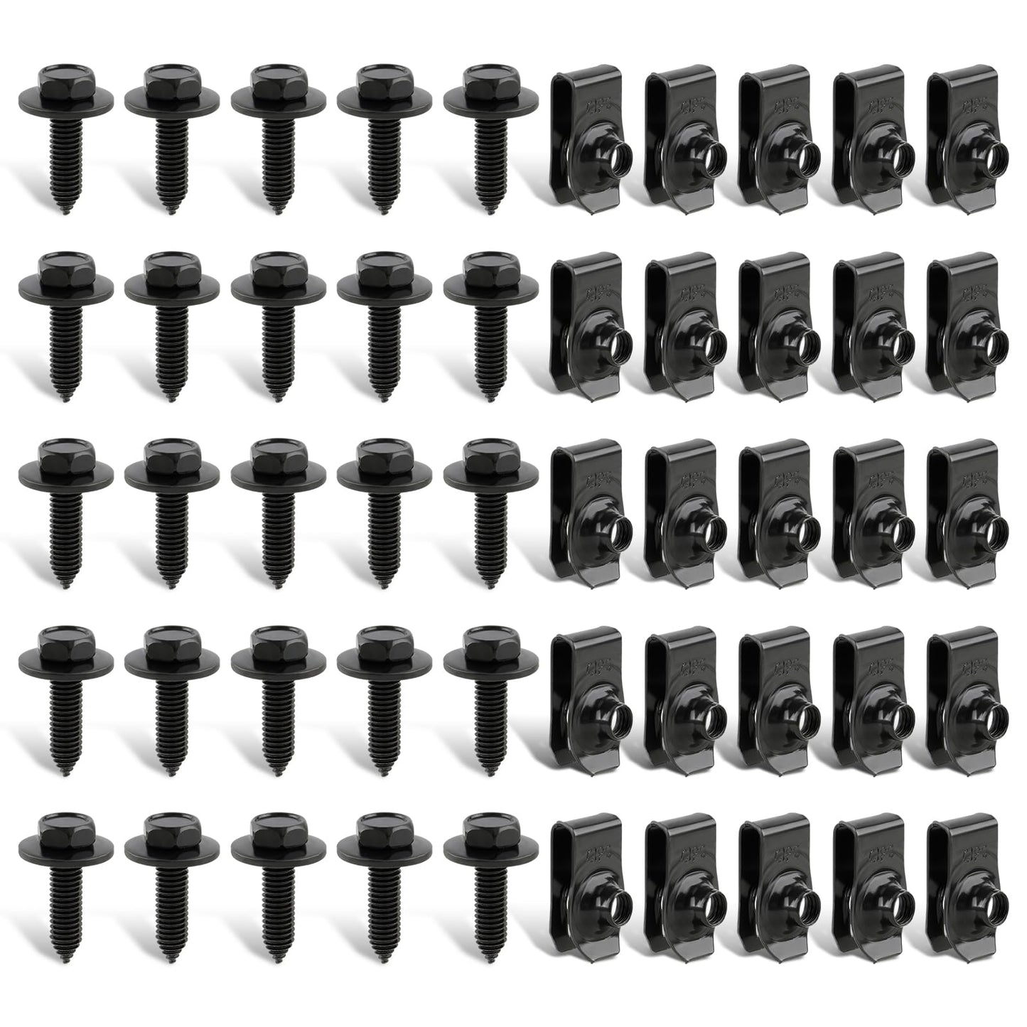 GoaMotors 50PCS 1/4 Body Fasteners - 25 Bolts & 25 U-Nut Clips for Fender, Engine Cover & Splash Shield