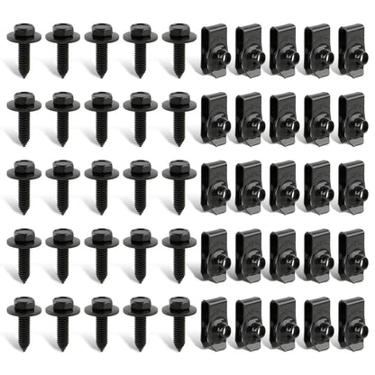 GoaMotors 50PCS 1/4 Body Fasteners - 25 Bolts & 25 U-Nut Clips for Fender, Engine Cover & Splash Shield