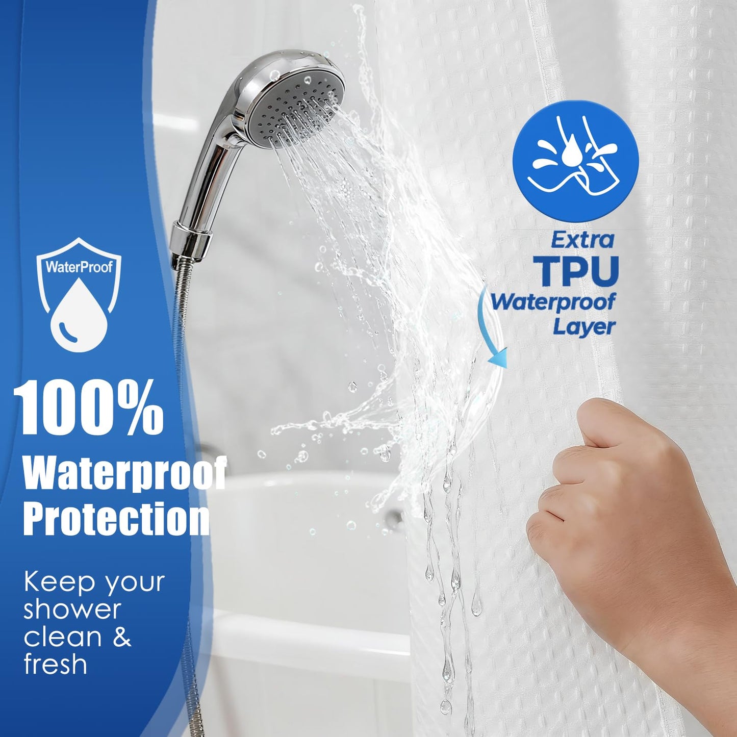 White Waterproof No Hooks Waffle Shower Curtain, 260GSM Heavy Duty Fabric, with 10 Durable Split Grommets, Luxury Hotel Spa Style for Bathroom, Machine Washable, 74 x 72 Standard Size
