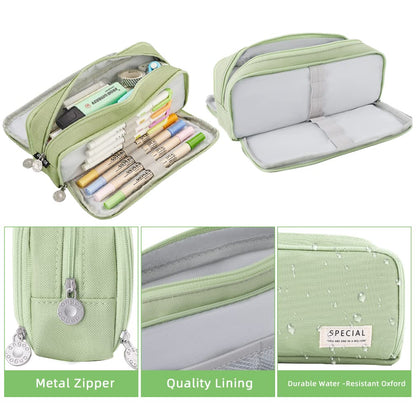 iSuperb Large Pencil Case 3 Compartments Pencil Pouch Big Capacity Pencil Bag Oxford Stationery Storage Pen Bag Cosmetic Makeup Pouch for Women Girls (Green)