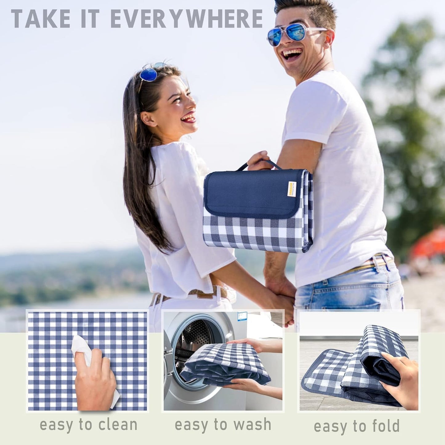 SAMSIER Large Outdoor Picnic Blankets Waterproof Foldable, Beach Blanket Sandproof Portable, Cute Picnic Mat Washable (Navy Blue, 80"×80")