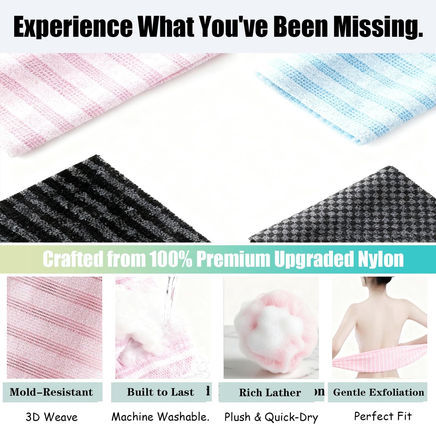 4PCS Blissal Exfoliating Shower Towel,Rip-Resistant Exfoliating Washcloth, African Net Sponge Loofah Body Scrub Exfoliator,Long Washcloth Back Body Scrubber for Men & Women