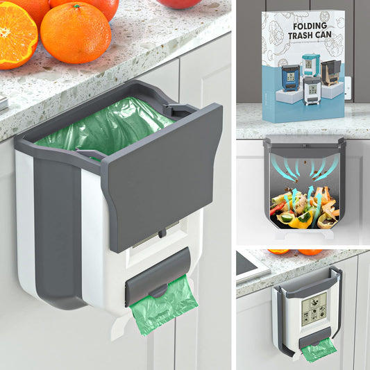 Gintan Kitchen Trash Can, Collapsible Hanging Kitchen Bin Countertop with Lid, 2.4 Gallon(9L) Trash Bin for Cabinet/Bathroom/RV/Bedroom/Camping（Grey White）