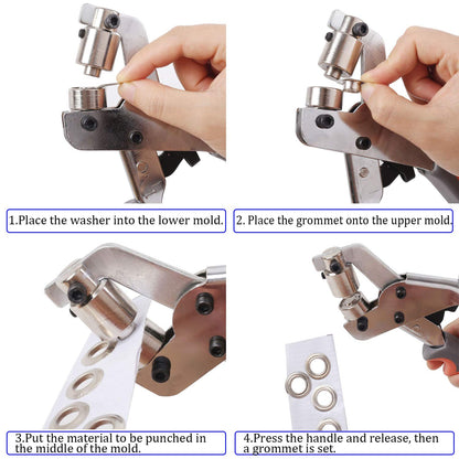 KING PIECES LACUISINE Grommet Tool Kit Handheld Hole Punch Pliers Portable Grommet Hand Press Machine Manual Puncher w/ 500pcs Silver Grommets of 3/8 Inch (10mm)