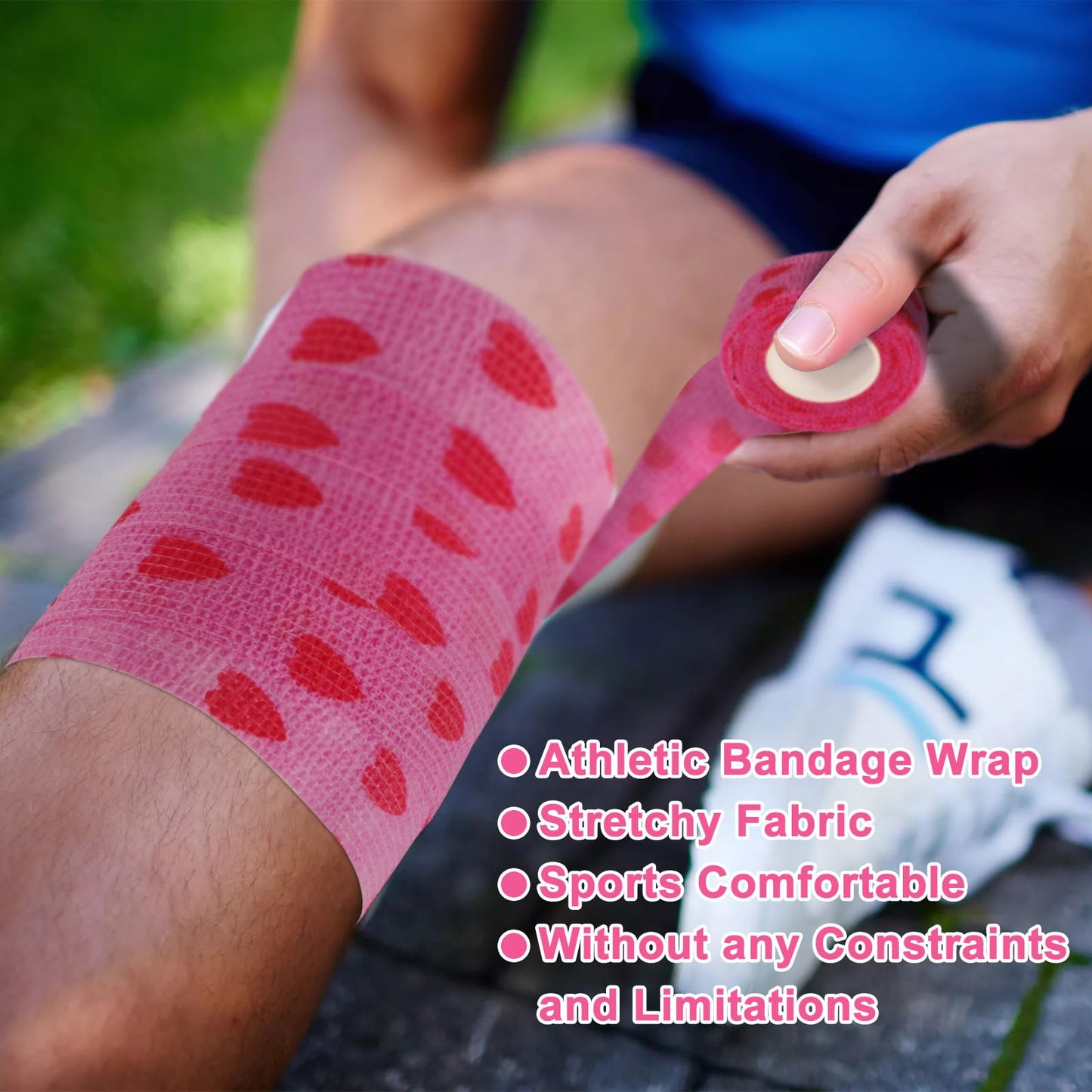 24 Pack Self Adhesive Bandage Wrap, 2” x 5 Yards Cohesive Medical Tape Elastic Grip Tape Black Sports Tape Athletic for Ankle, Wrist Sprains, Pet First Aid (Pink Heart, 2 inch)