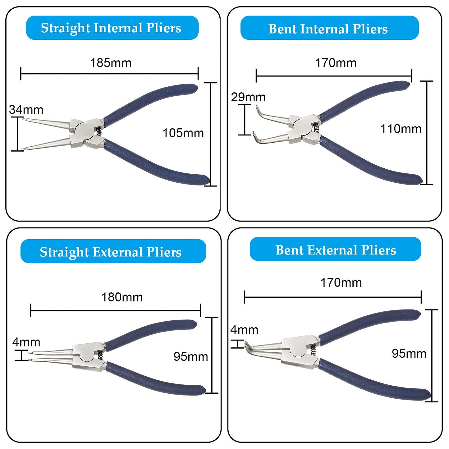 4 Pack 7 inch Snap Ring Pliers Set Heavy Duty Internal/External Circlip Pliers Kit with Straight Bent Jaw Precision Spring Loaded Pliers for Ring Remover Retaining