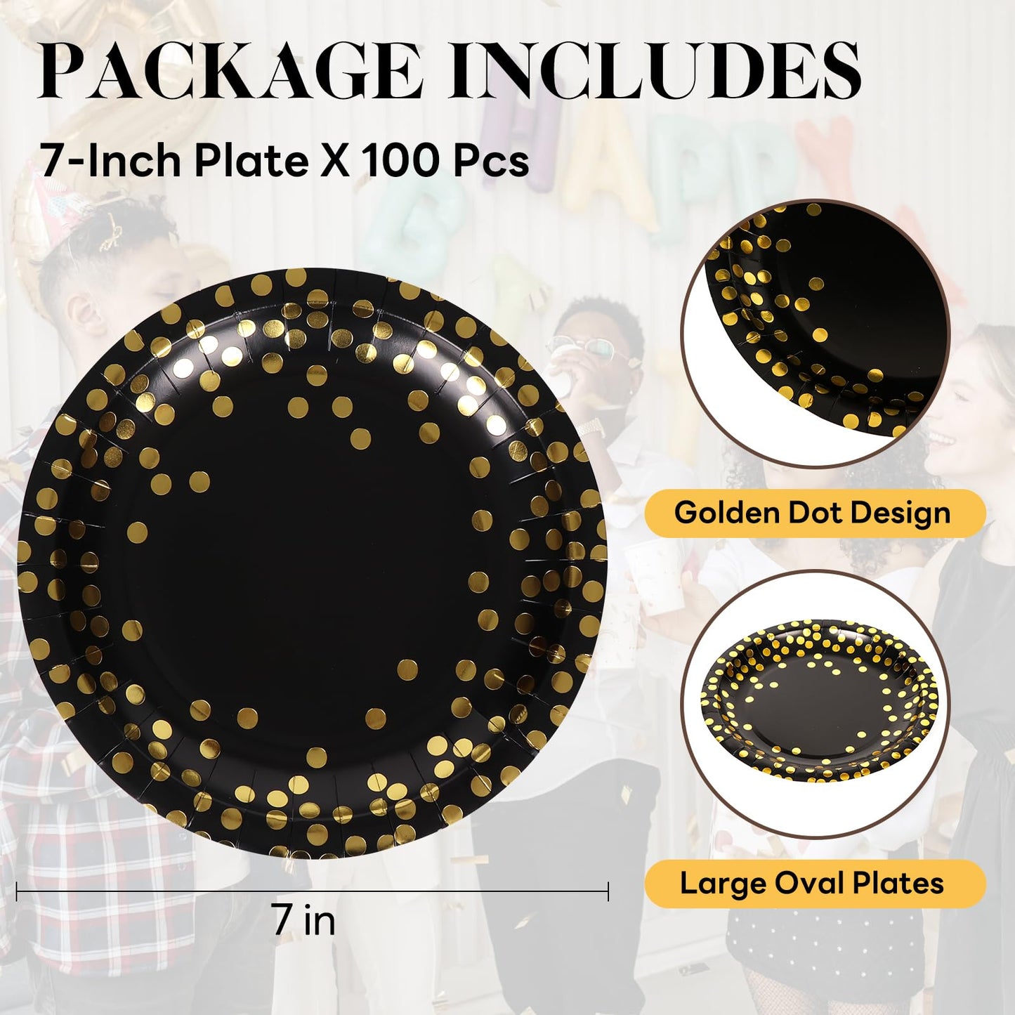 100Pcs Black and Gold Party Supplies, Black Plates Disposable for Party, 7inch Round Black and Gold Plates, Dinner Plates Golden Foil Polka Dots (Black, 7inch - 100pcs)