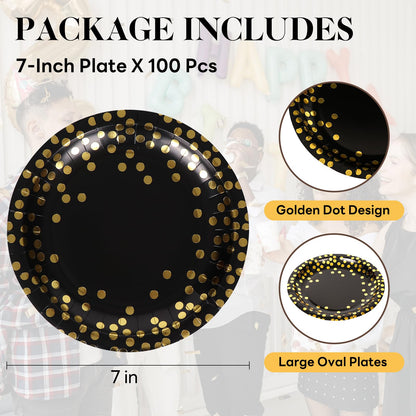 100Pcs Black and Gold Party Supplies, Black Plates Disposable for Party, 7inch Round Black and Gold Plates, Dinner Plates Golden Foil Polka Dots (Black, 7inch - 100pcs)