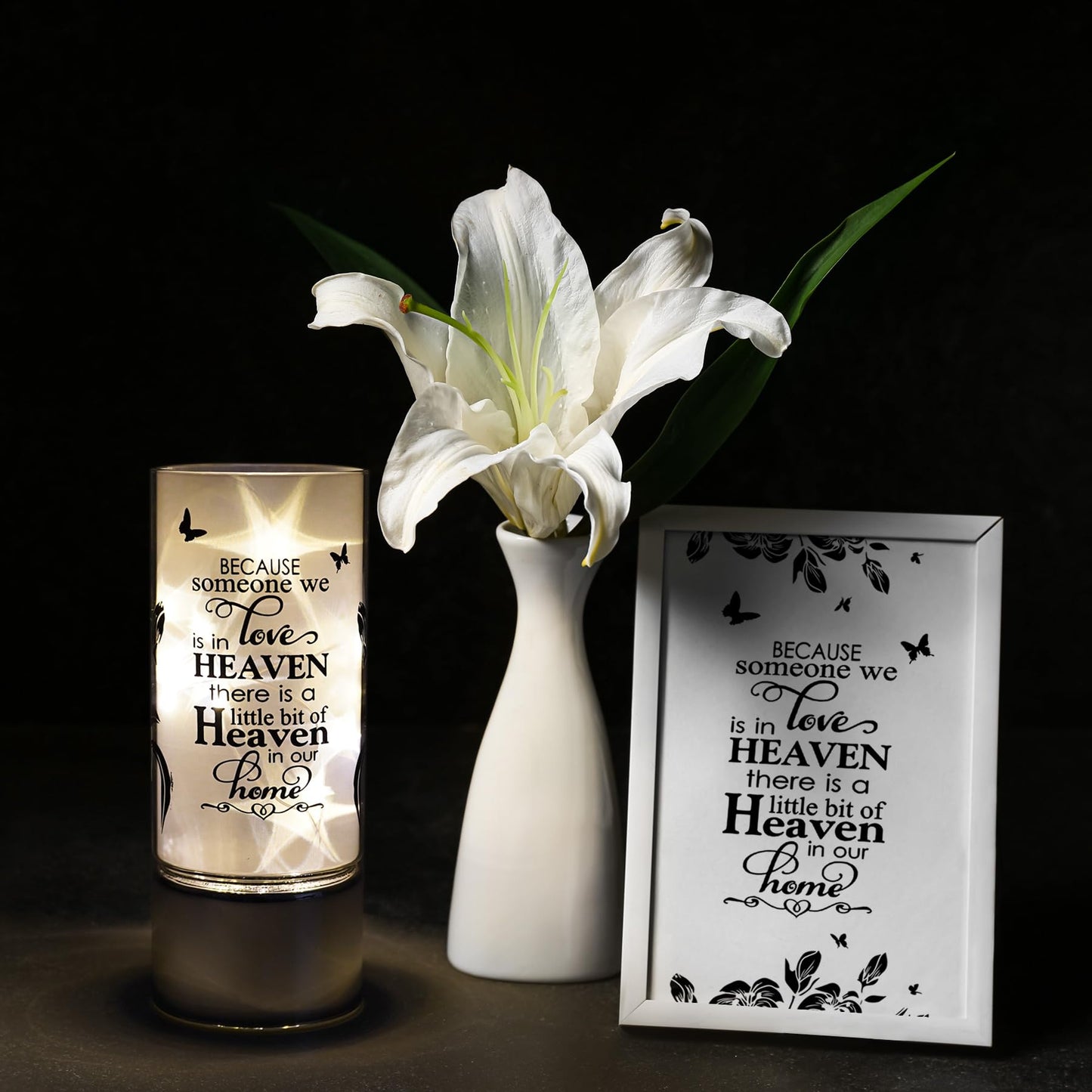 Rhytsing Memorial Gift - Battery Operated Flameless Candle with Timer Function, Glass Cylinder Lantern with Fairy Lights, Expressing Sympathy for the Loss of Someone We Loved - D3.15 x H8 inches