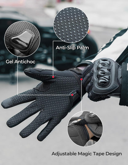 KEMIMOTO Motorcycle Gloves for Men, Touchscreen Riding Gloves with Shell, Anti-Slip for Motorbike, Dirtbike, Racing, Cycling, Dirt Bike, ATV, UTV, Motocross, Camping, Hiking (Black,Large)