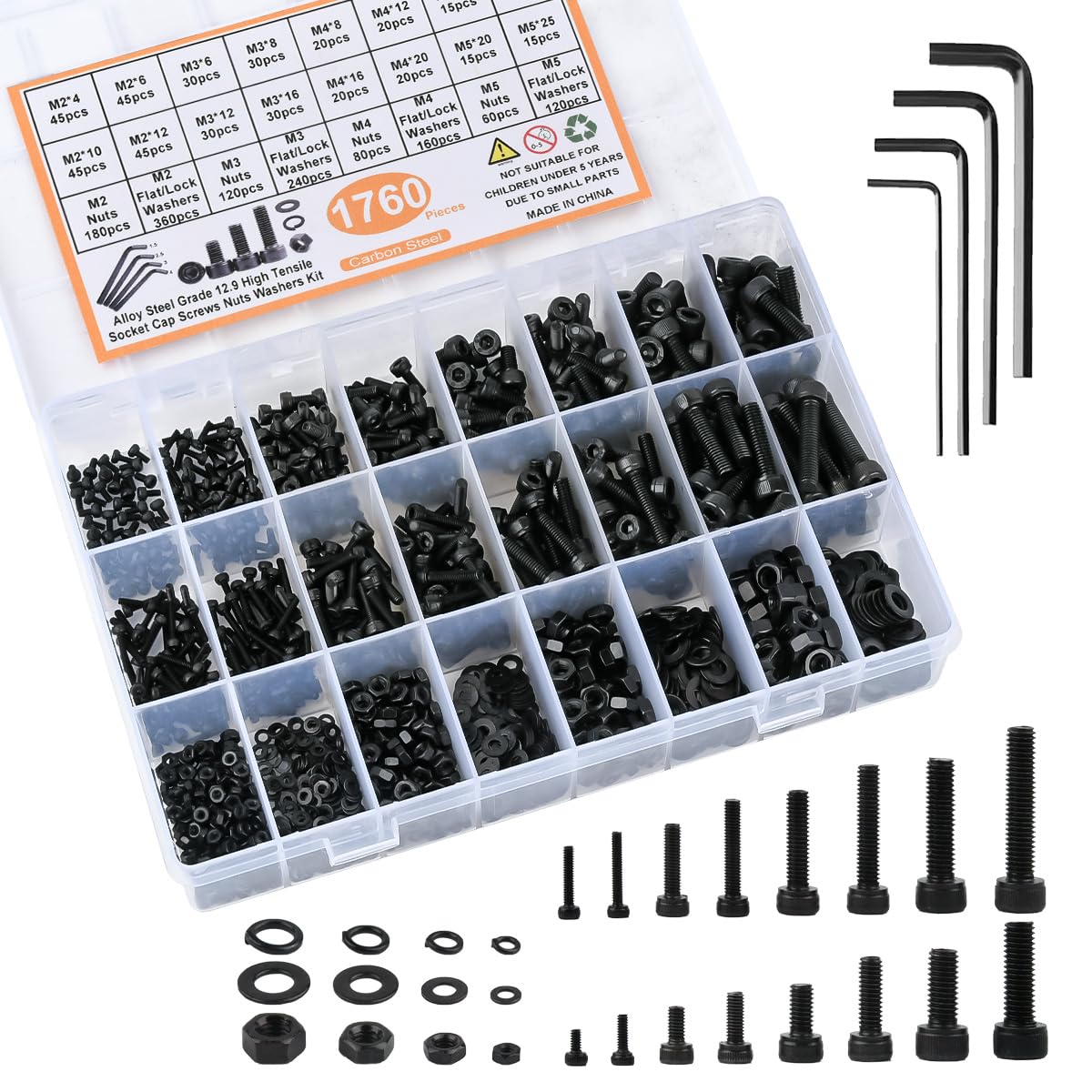 TIMESETL 1760pcs M2 M3 M4 M5 Metric Screw Assortment, Grade 12.9 Alloy Steel Hex Socket Screws Bolt with Hex Nuts Washers, Black Metric Screw Kit with 4PCS Hex Wrenches