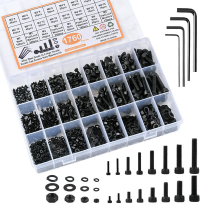 TIMESETL 1760pcs M2 M3 M4 M5 Metric Screw Assortment, Grade 12.9 Alloy Steel Hex Socket Screws Bolt with Hex Nuts Washers, Black Metric Screw Kit with 4PCS Hex Wrenches