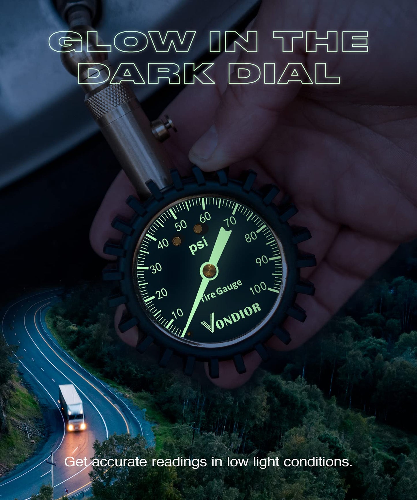 Vondior Tire Pressure Gauge (0-100 PSI) Heavy Duty, Certified ANSI Accurate with Large 2 Inch Easy to Read Glow Dial, Low - High Air Pressure Gauge. Tire Gauge for Car and Trucks Tires