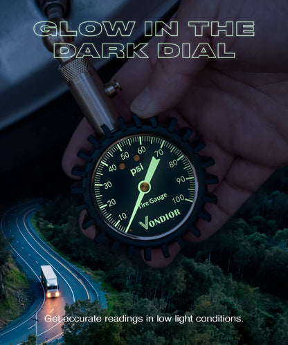 Vondior Tire Pressure Gauge (0-100 PSI) Heavy Duty, Certified ANSI Accurate with Large 2 Inch Easy to Read Glow Dial, Low - High Air Pressure Gauge. Tire Gauge for Car and Trucks Tires