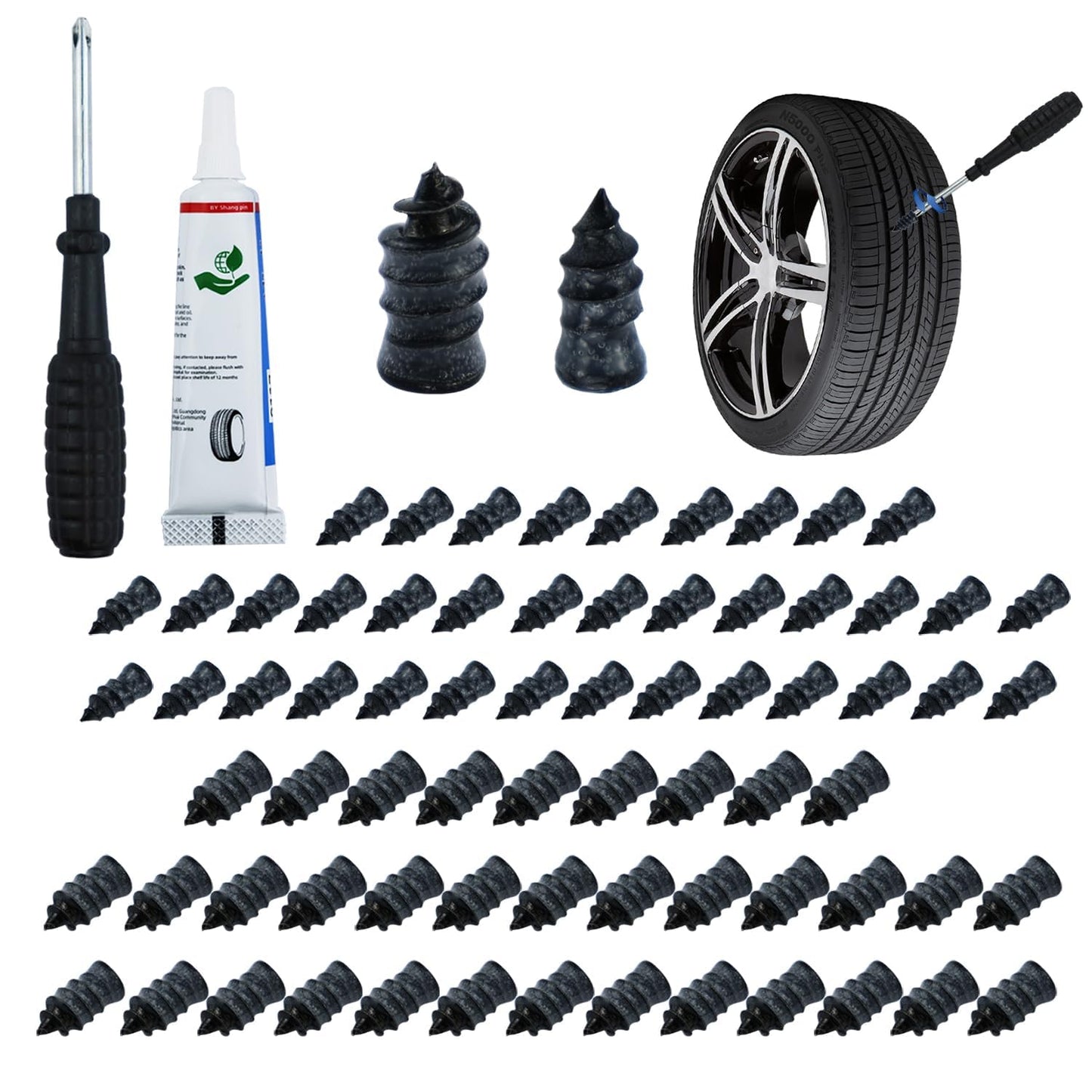 AACGIN 70 Pcs Tire Repair Rubber Screws,Tire Repair Rubber Nail, Tire Repair Nail Fast Tool Self-Service Tire Repair Nail Vacuum Suitable for Car Motorcycle Jeep Tire Puncture Repair