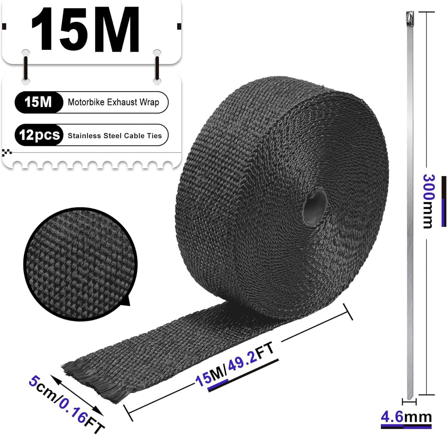Exhaust Heat Wrap, Foneso 2"x 50' Black Exhaust Header Wrap Tape Insulation Wraps, Fiberglass Heat Shield Tape with 12pcs Self-locking Stainless Steel Zip Ties for Cars Motorcycles Truck