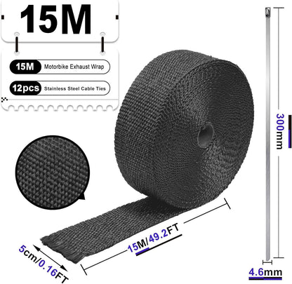 Exhaust Heat Wrap, Foneso 2"x 50' Black Exhaust Header Wrap Tape Insulation Wraps, Fiberglass Heat Shield Tape with 12pcs Self-locking Stainless Steel Zip Ties for Cars Motorcycles Truck