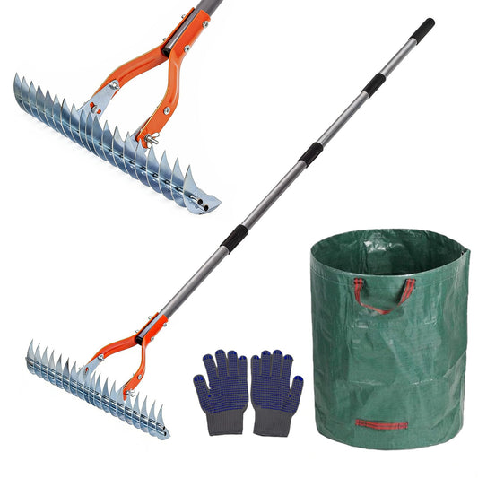 Thatch Rake for Lawns 15-Inch Lawn Dethatcher Rake with Adjustable Handle Heavy Heavy Duty with 5FT Handle, 70’’ for Leaves, Dethatching, Soil Turning, Gloves, Storage Bag